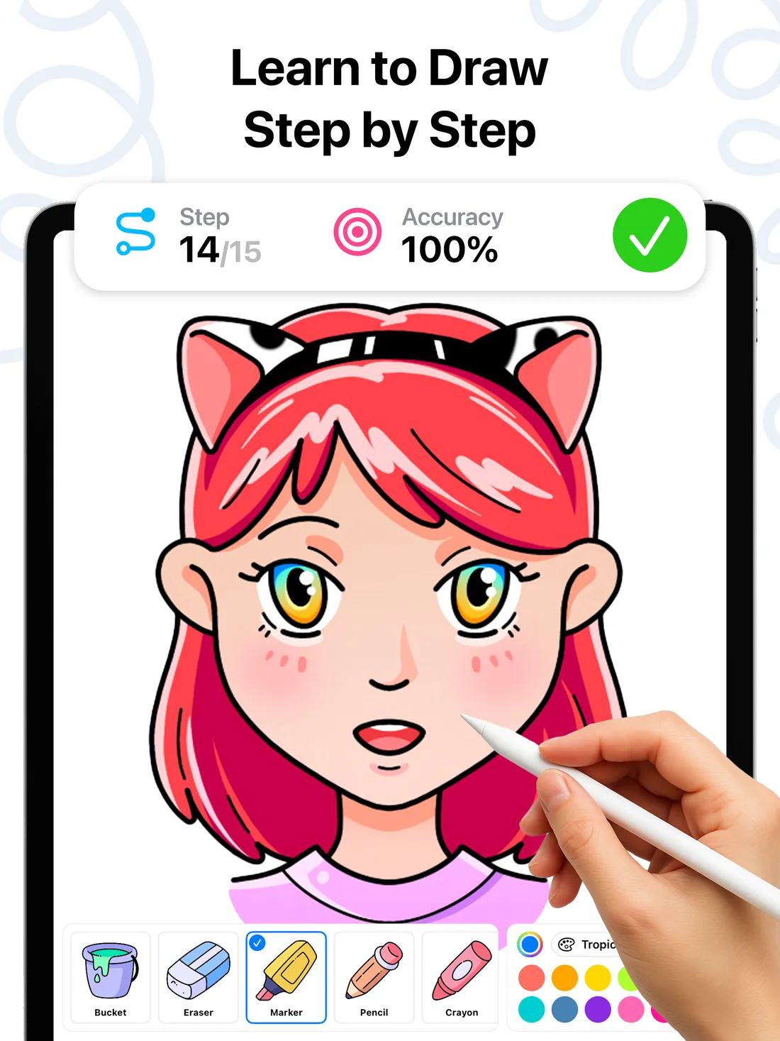 Step by step drawing tutorial of a girl with cat ears headband in DrawUp