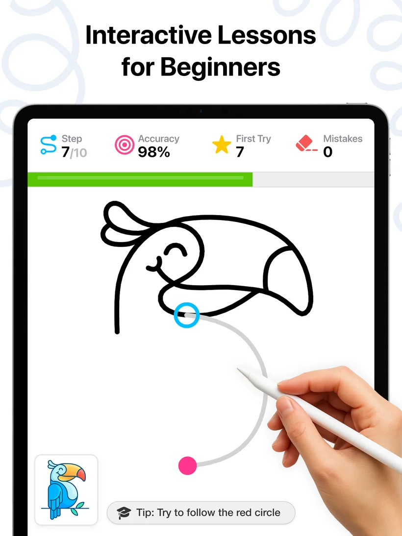 Interactive drawing lesson for beginners with live accuracy score in DrawUp